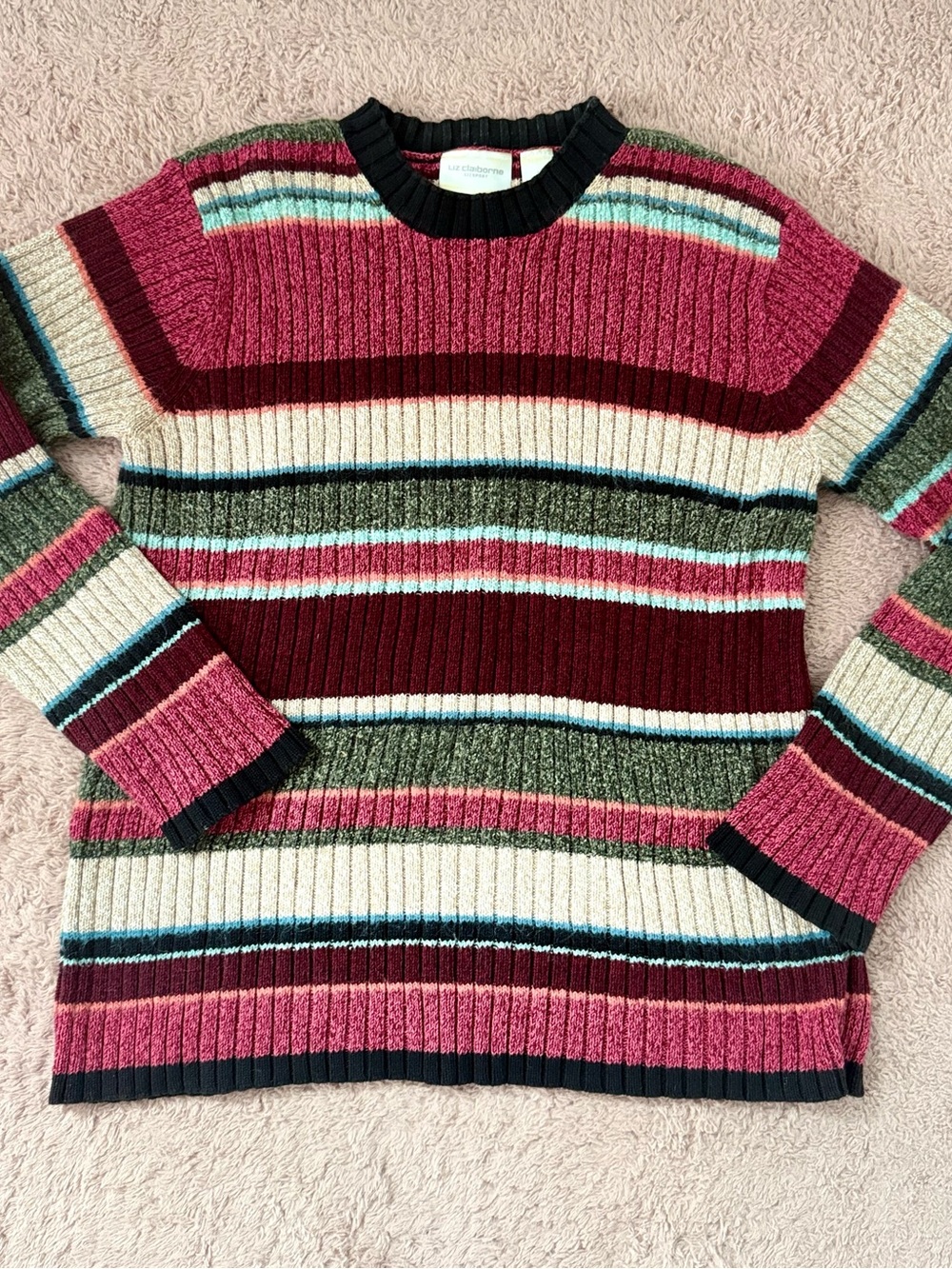 Liz Claiborne Pink Multi-Stripe Ribbed Crewneck Sweater